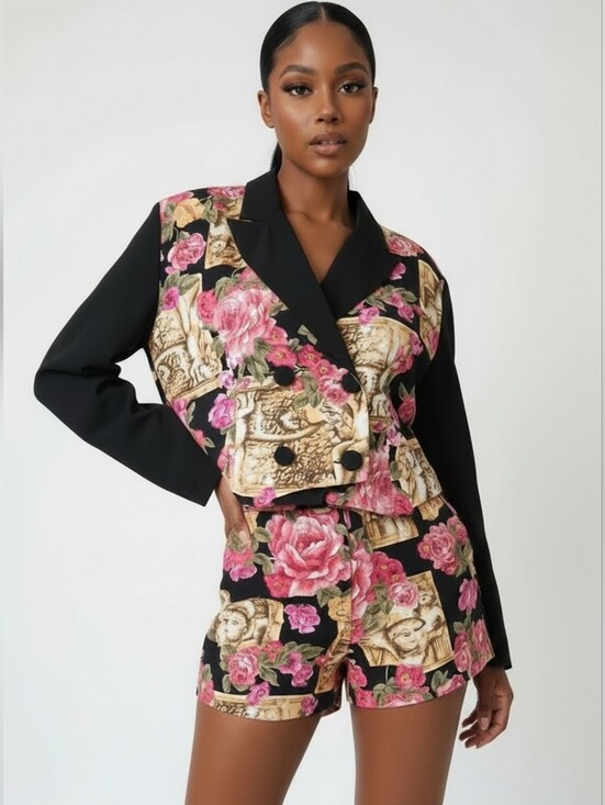Rampage Jackets & Blazers - Y2K Rampage Set Black Blazer And Shorts with Pink and Gold Baroque Print